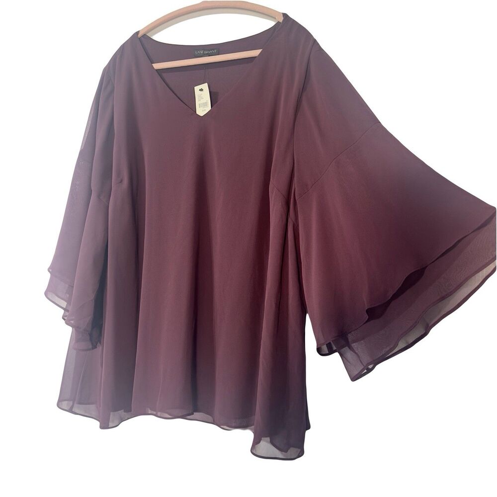 Lane Bryant Blouse Layered Chiffon 3/4 Bell Sleeve Top Size 22 24 V-Neck NWT